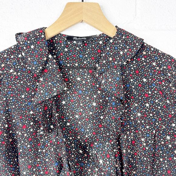 Madewell‎ Silk Wrap Blouse Womens Small Black Star Print Ruffle - Picture 8 of 10